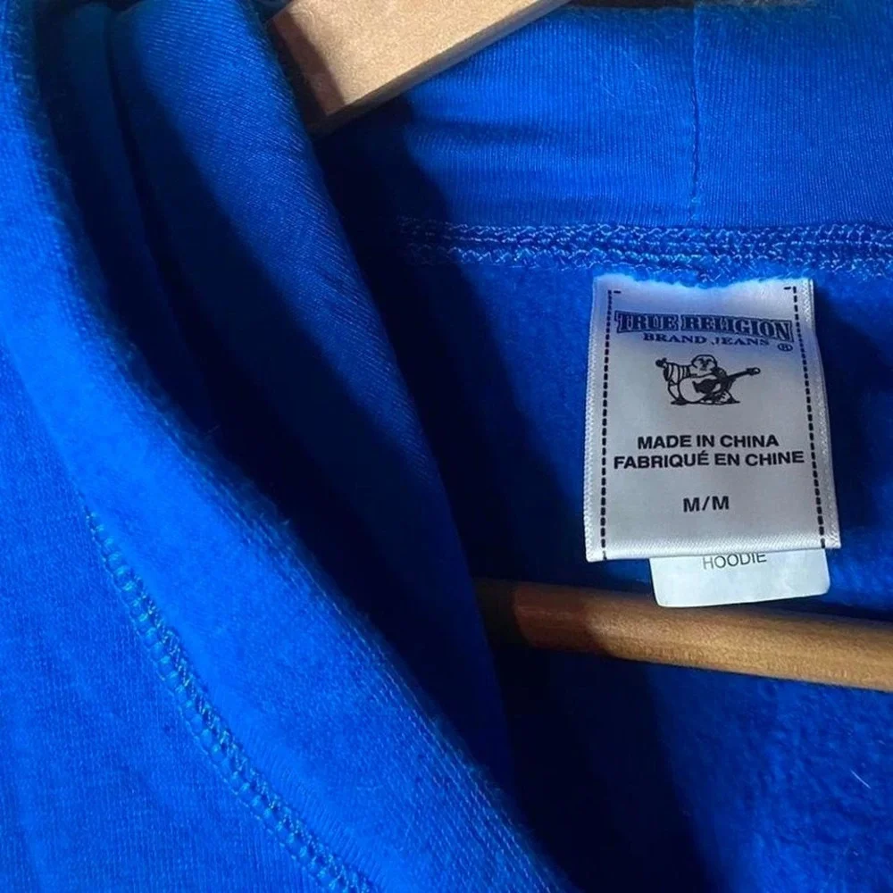 True Religion Mens Blue Zip Up Hoodie Size M Athletic Dept Skull Graphic Y2K